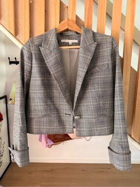 Veronica Beard Black and White Plaid Cropped Blazer